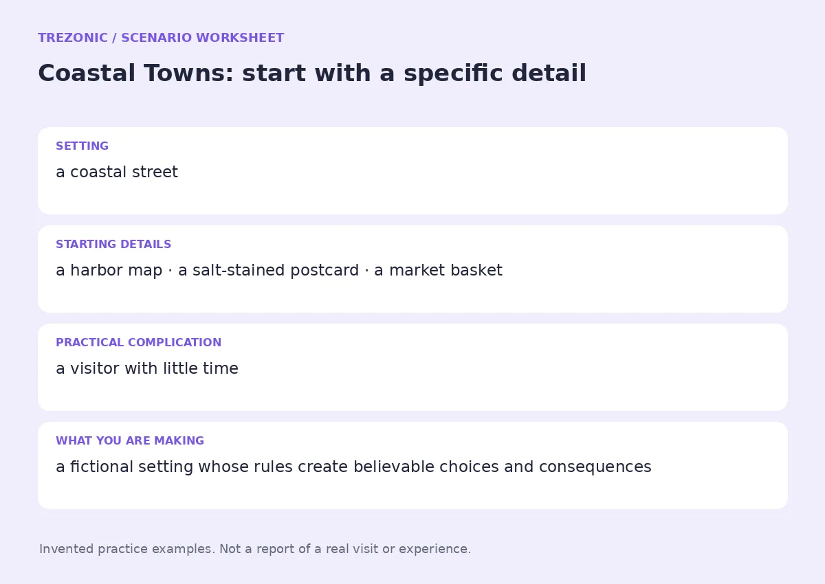 Practice worksheet for Coastal Towns: setting, starting details, complication and goal