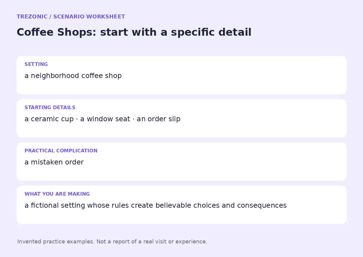 Practice worksheet for Coffee Shops: setting, starting details, complication and goal
