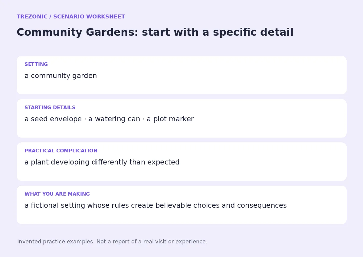 Practice worksheet for Community Gardens: setting, starting details, complication and goal
