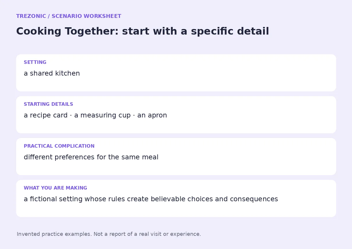 Practice worksheet for Cooking Together: setting, starting details, complication and goal