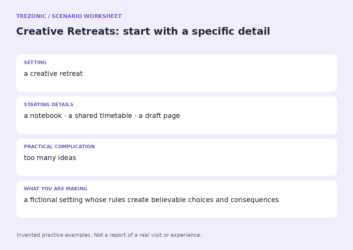 Practice worksheet for Creative Retreats: setting, starting details, complication and goal