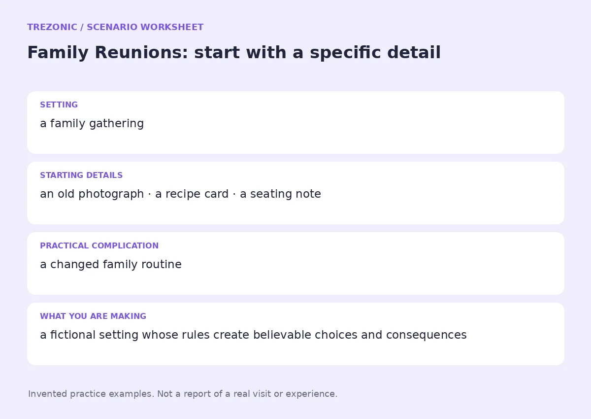 Practice worksheet for Family Reunions: setting, starting details, complication and goal