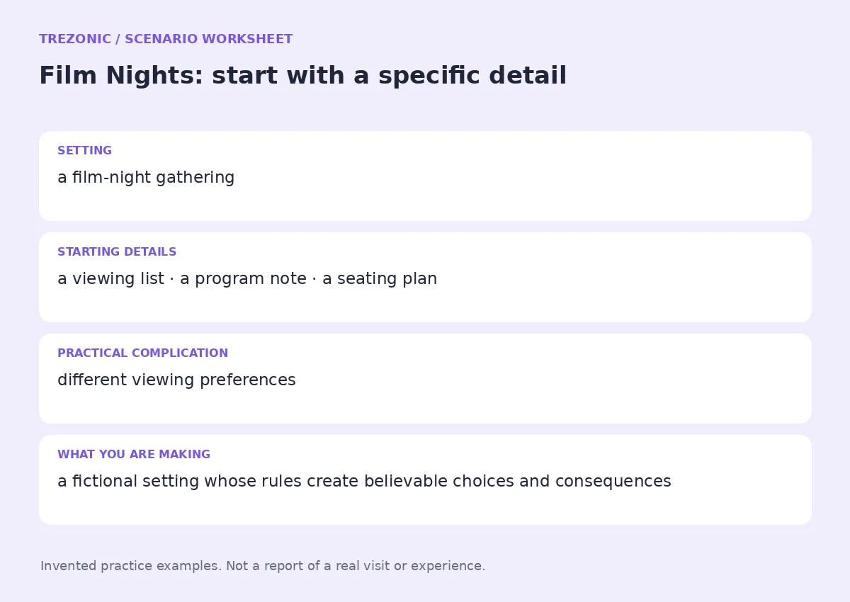 Practice worksheet for Film Nights: setting, starting details, complication and goal