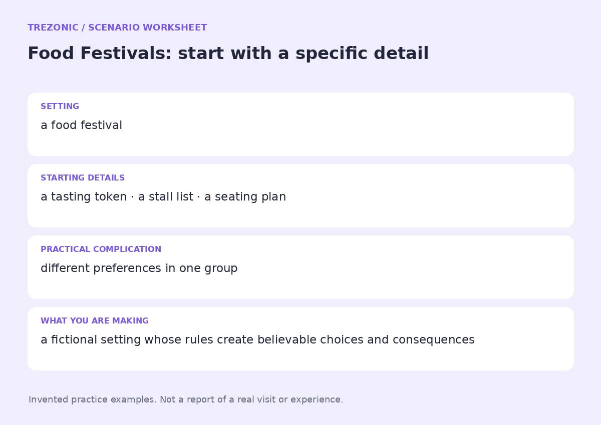 Practice worksheet for Food Festivals: setting, starting details, complication and goal