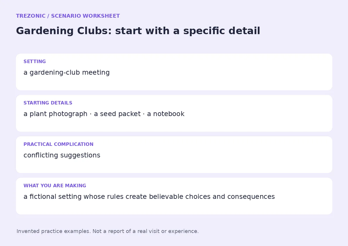 Practice worksheet for Gardening Clubs: setting, starting details, complication and goal