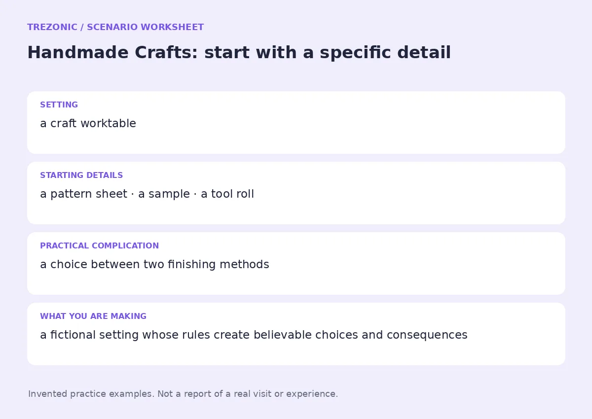 Practice worksheet for Handmade Crafts: setting, starting details, complication and goal