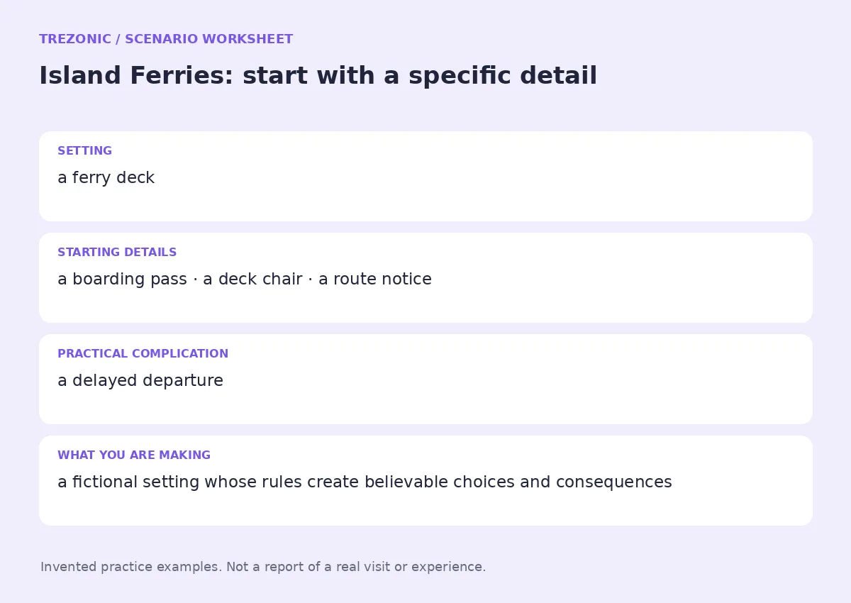 Practice worksheet for Island Ferries: setting, starting details, complication and goal