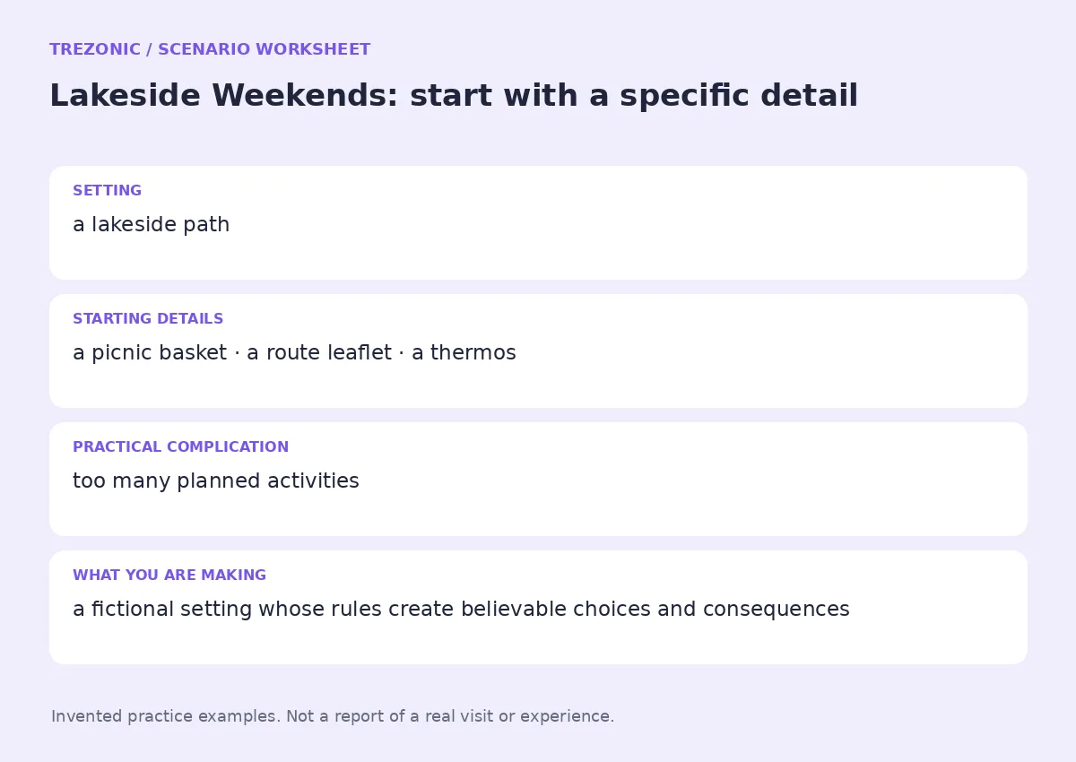 Practice worksheet for Lakeside Weekends: setting, starting details, complication and goal