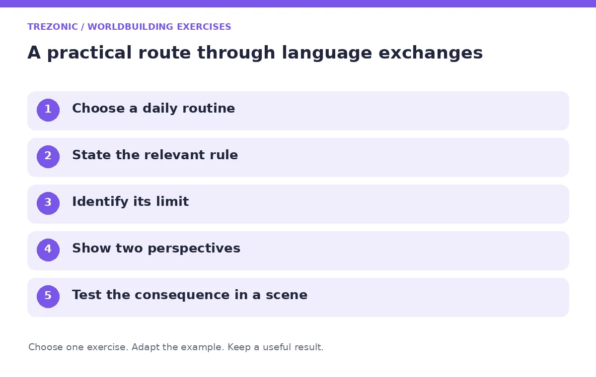 Five steps for worldbuilding exercises about language exchanges