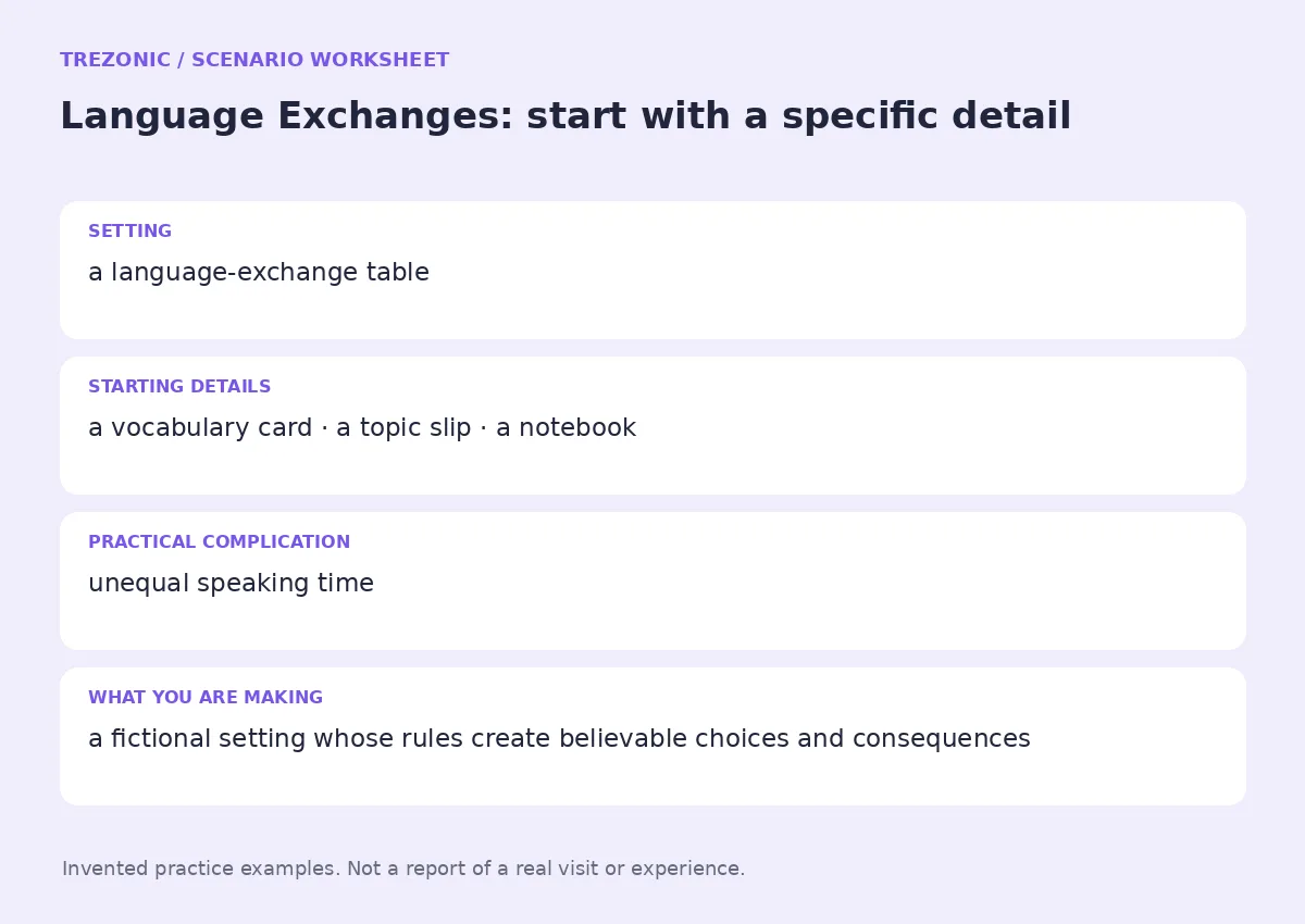 Practice worksheet for Language Exchanges: setting, starting details, complication and goal
