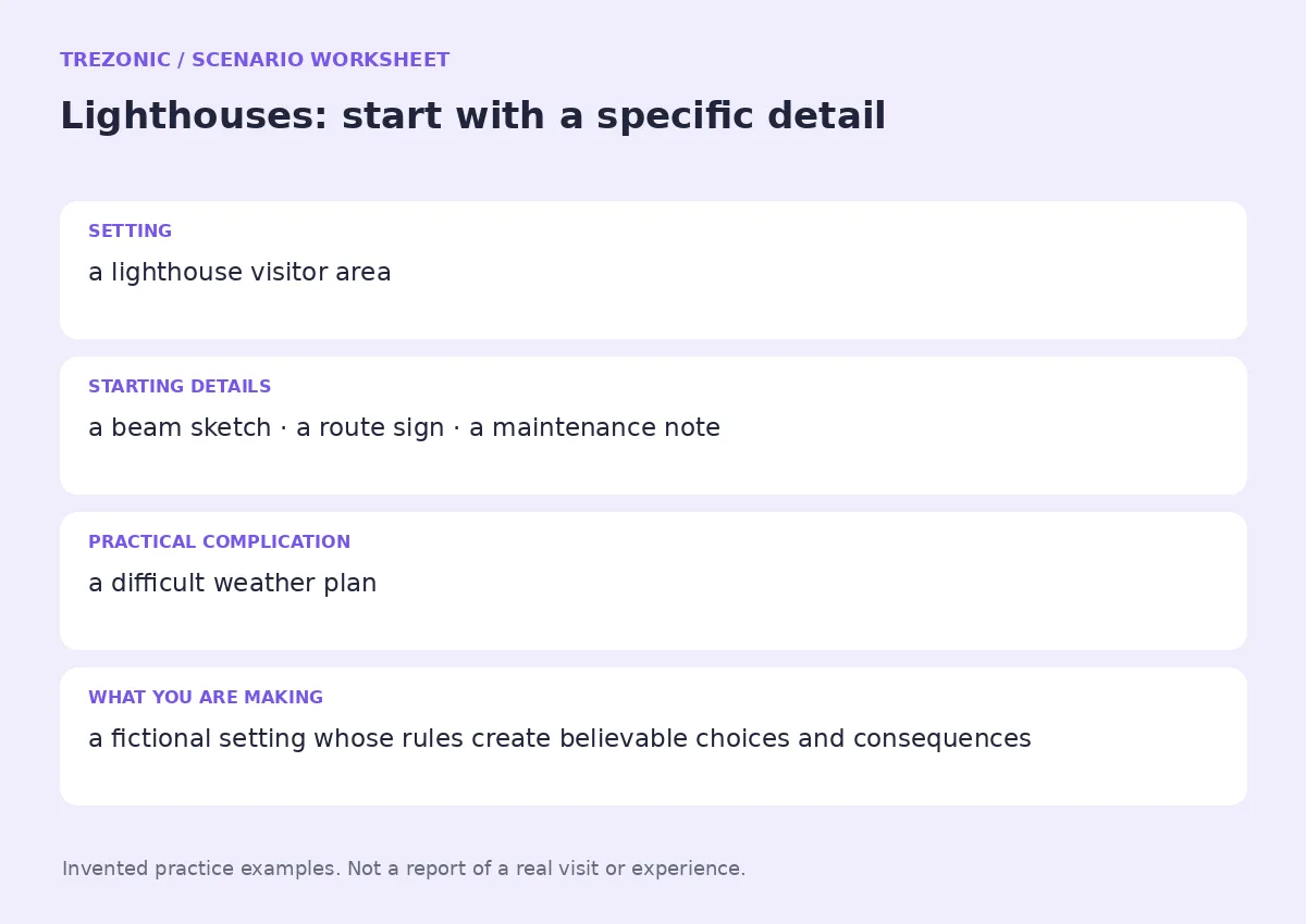 Practice worksheet for Lighthouses: setting, starting details, complication and goal
