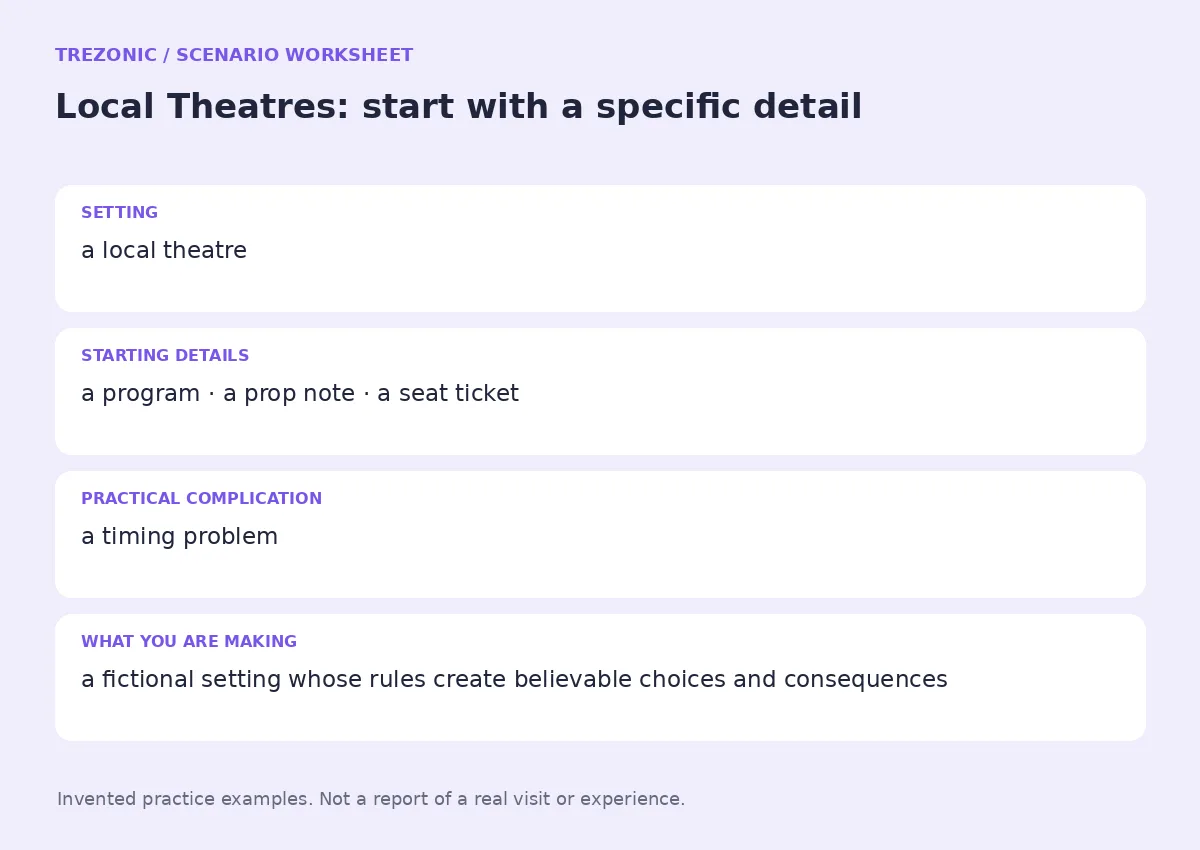 Practice worksheet for Local Theatres: setting, starting details, complication and goal
