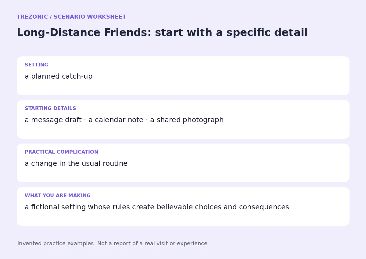 Practice worksheet for Long-Distance Friends: setting, starting details, complication and goal