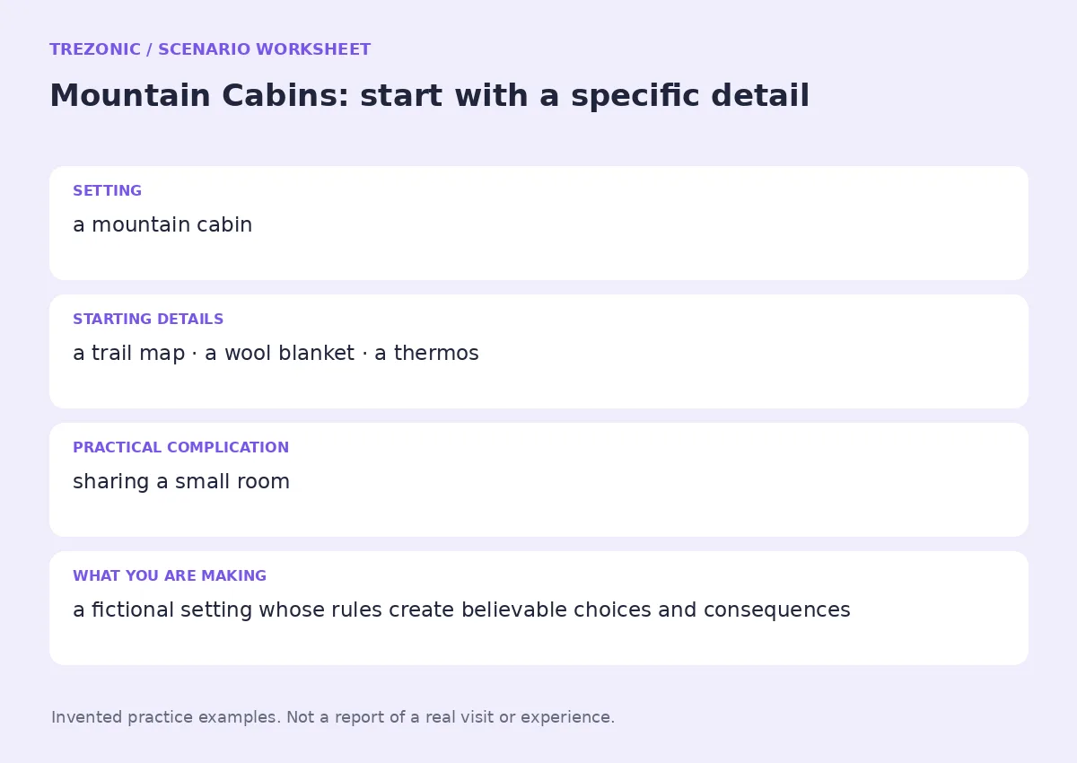 Practice worksheet for Mountain Cabins: setting, starting details, complication and goal