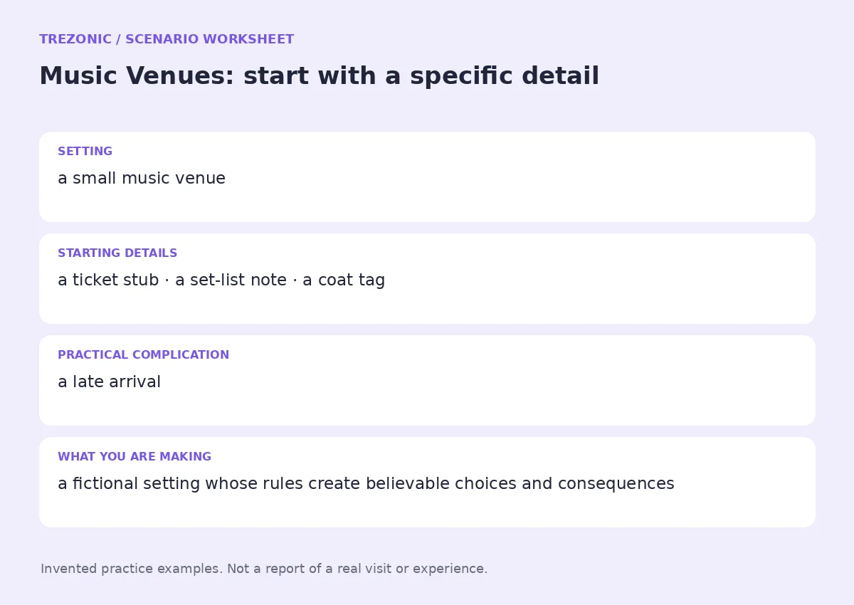 Practice worksheet for Music Venues: setting, starting details, complication and goal