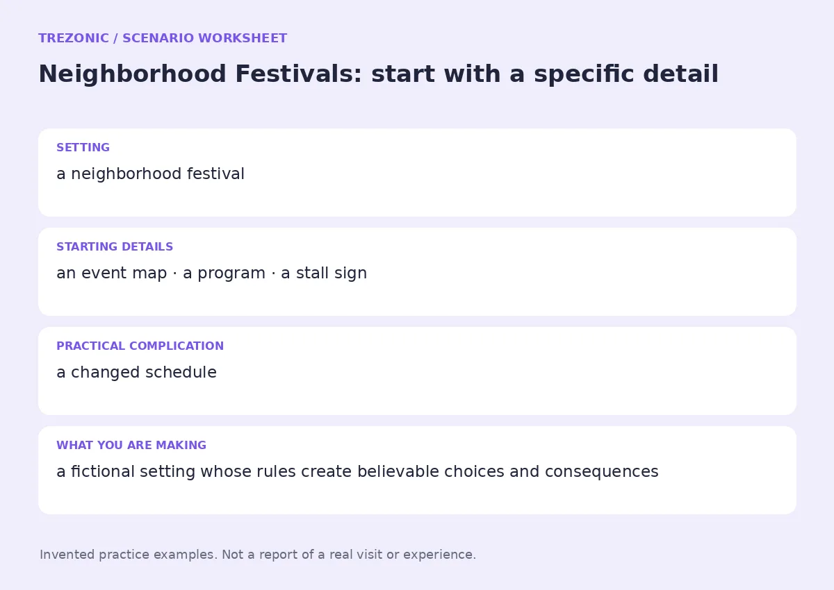 Practice worksheet for Neighborhood Festivals: setting, starting details, complication and goal