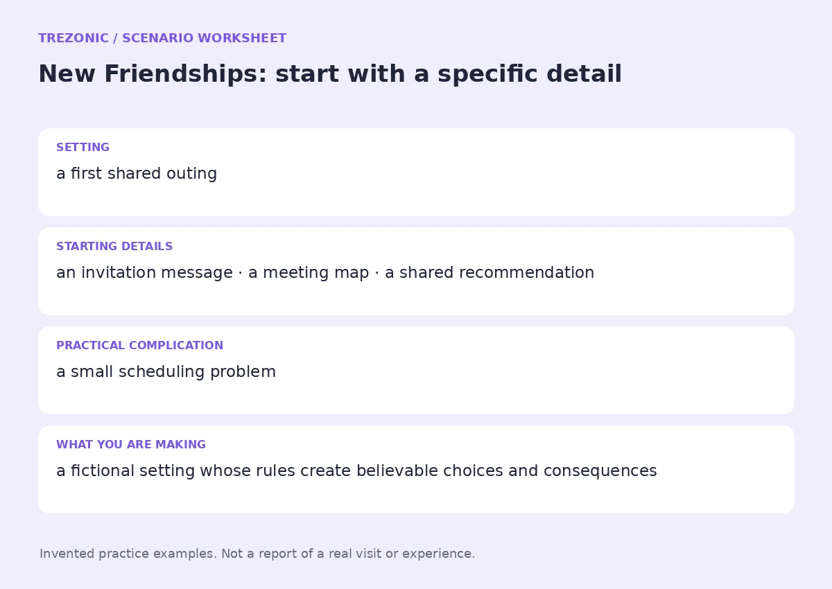 Practice worksheet for New Friendships: setting, starting details, complication and goal