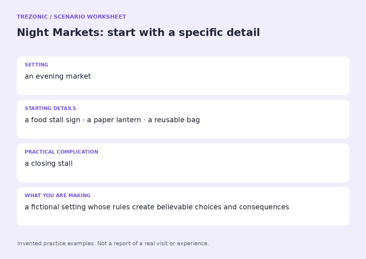 Practice worksheet for Night Markets: setting, starting details, complication and goal