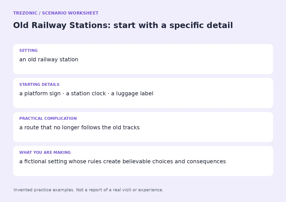 Practice worksheet for Old Railway Stations: setting, starting details, complication and goal