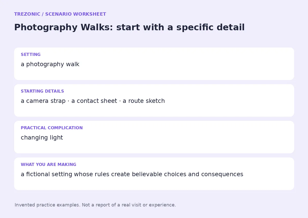 Practice worksheet for Photography Walks: setting, starting details, complication and goal