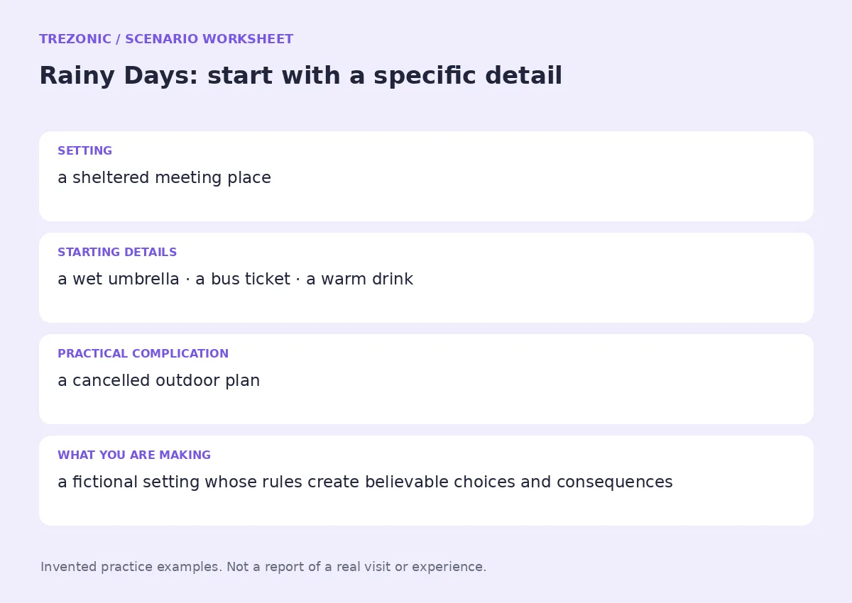 Practice worksheet for Rainy Days: setting, starting details, complication and goal