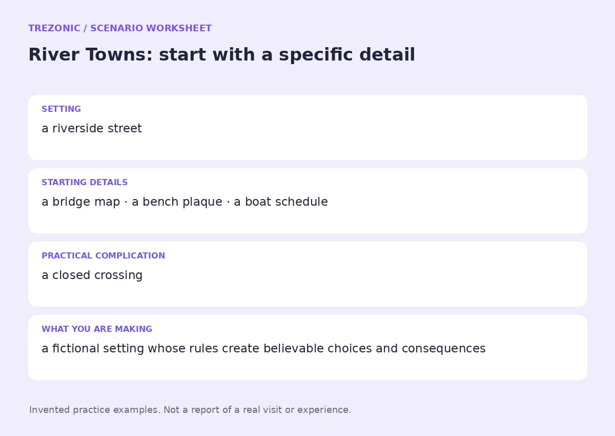 Practice worksheet for River Towns: setting, starting details, complication and goal