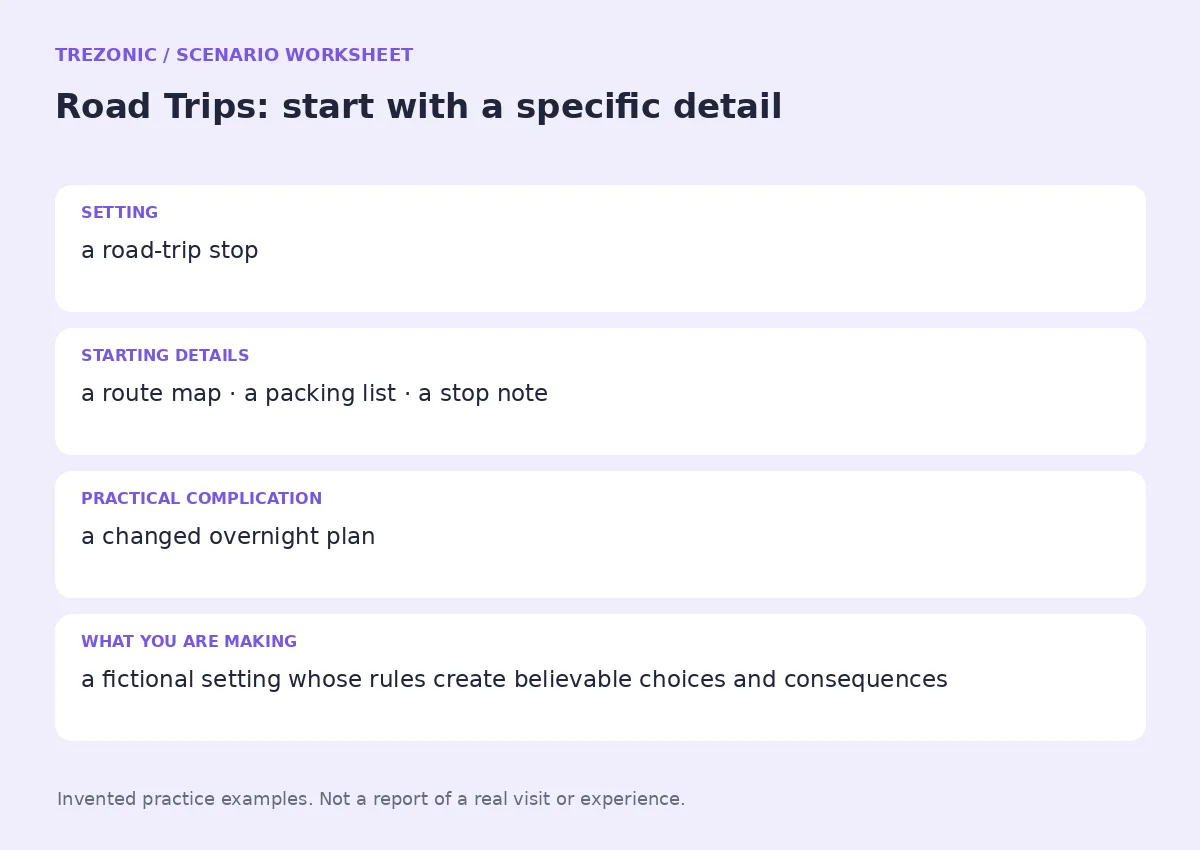 Practice worksheet for Road Trips: setting, starting details, complication and goal
