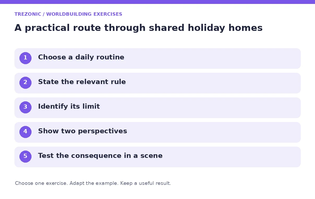 Five steps for worldbuilding exercises about shared holiday homes