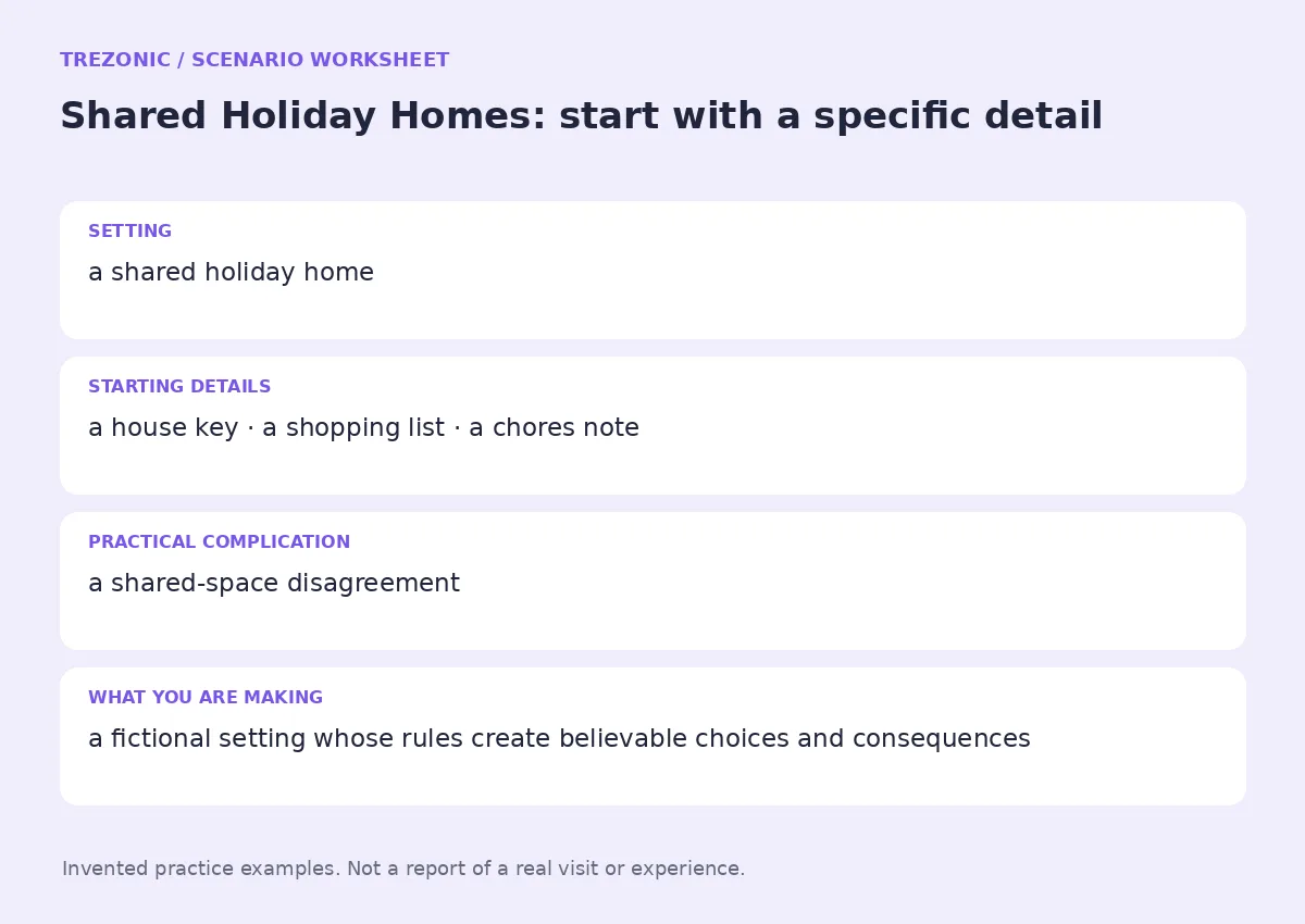 Practice worksheet for Shared Holiday Homes: setting, starting details, complication and goal