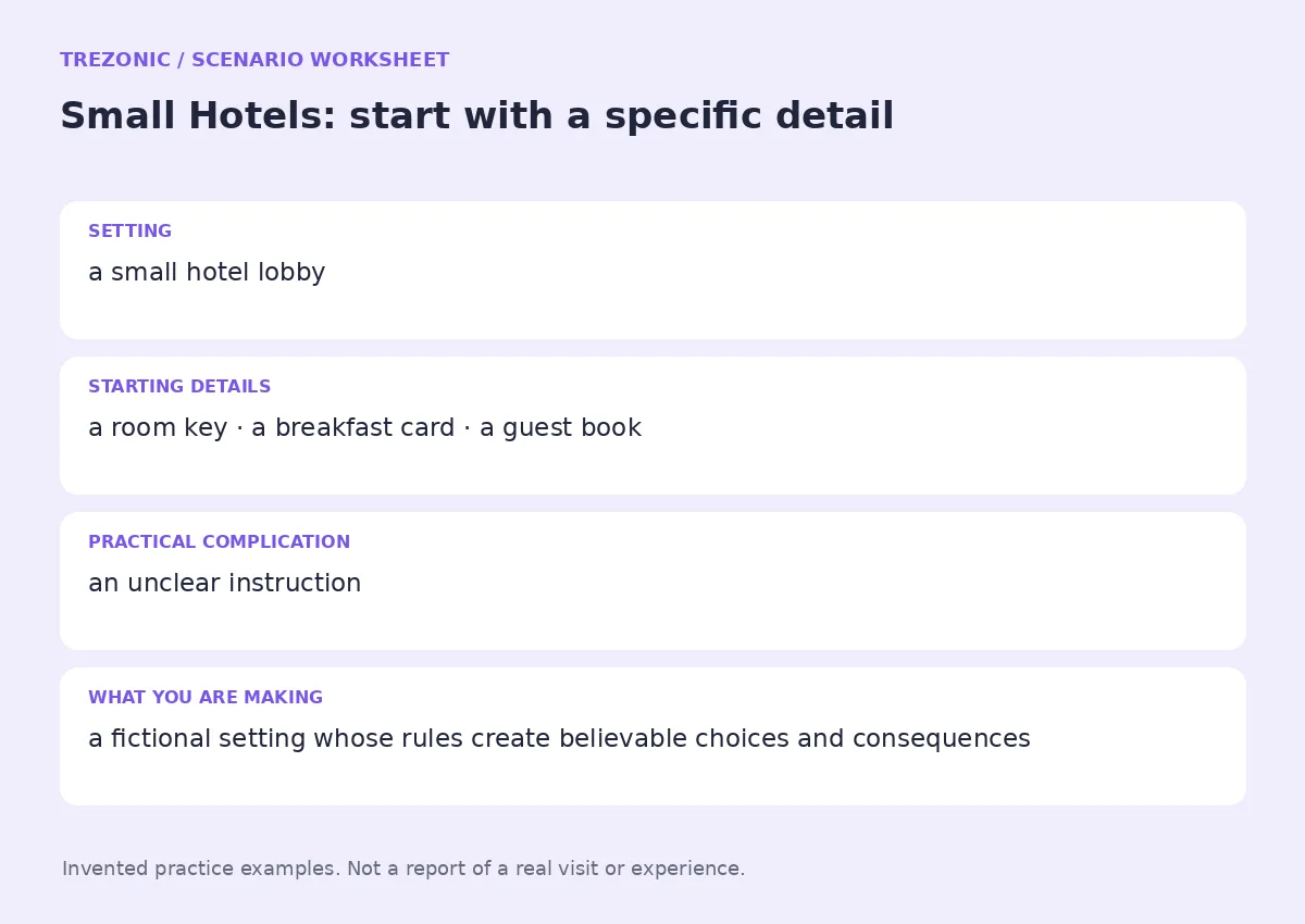 Practice worksheet for Small Hotels: setting, starting details, complication and goal
