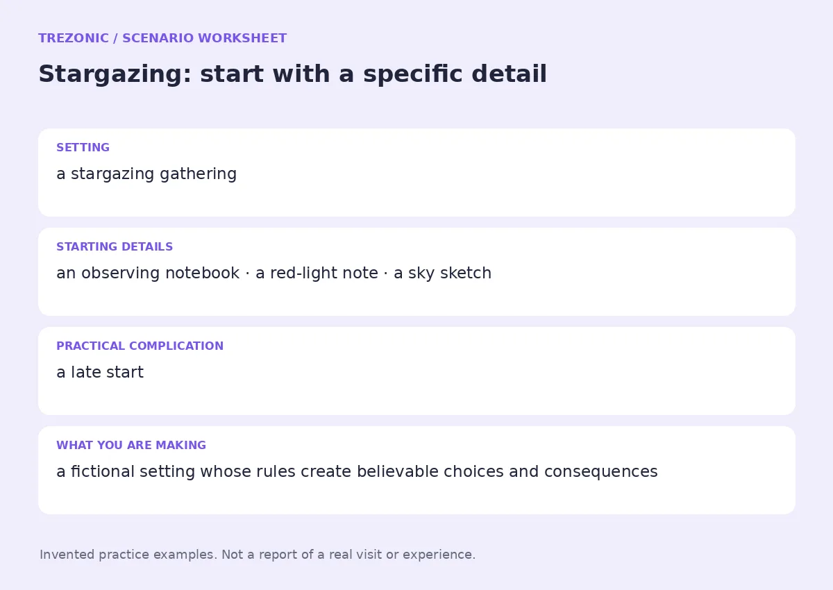 Practice worksheet for Stargazing: setting, starting details, complication and goal
