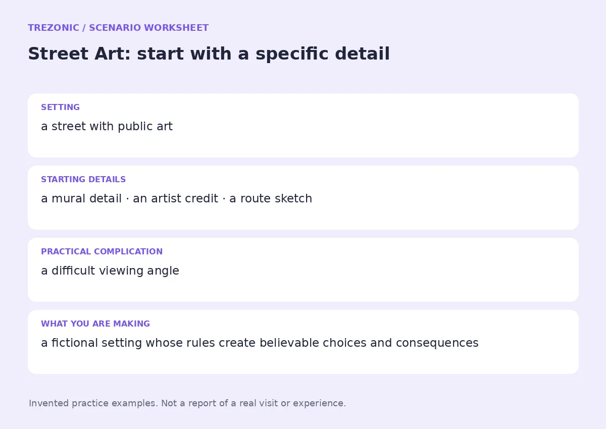 Practice worksheet for Street Art: setting, starting details, complication and goal