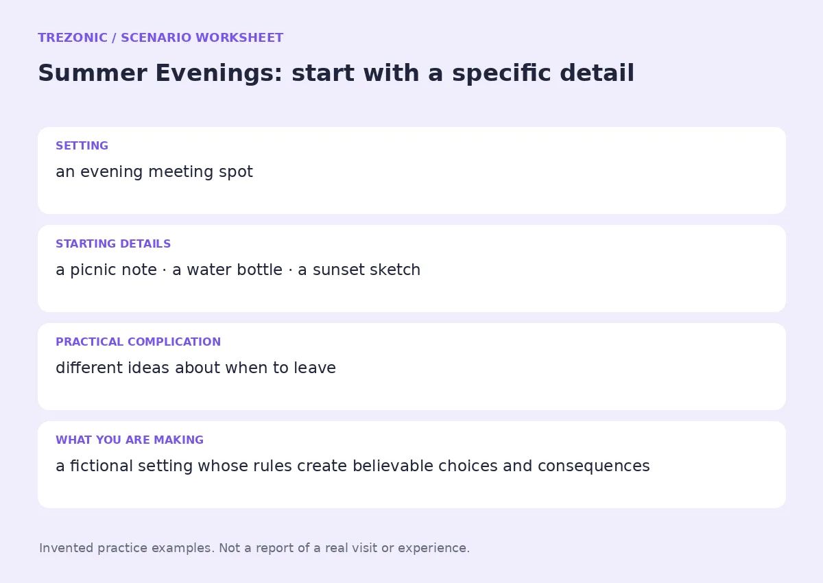 Practice worksheet for Summer Evenings: setting, starting details, complication and goal