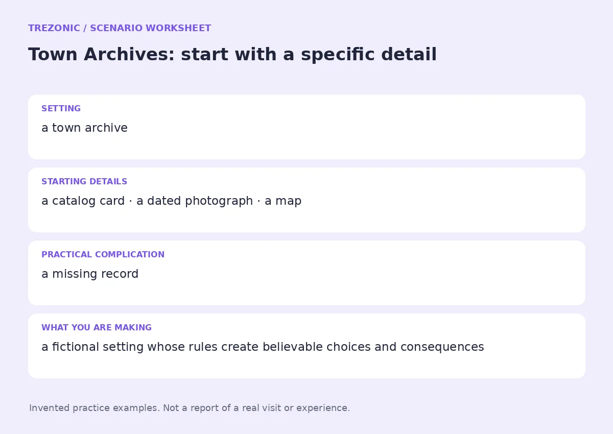 Practice worksheet for Town Archives: setting, starting details, complication and goal