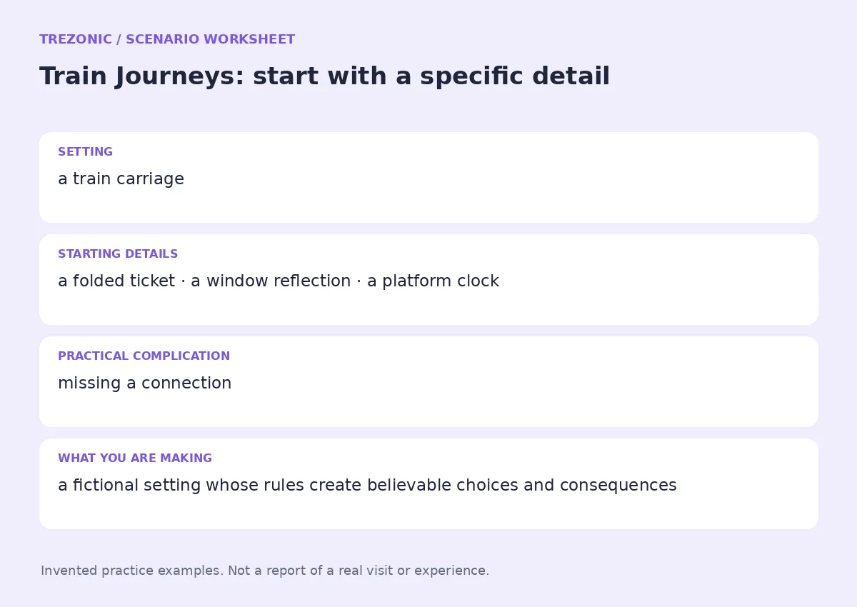 Practice worksheet for Train Journeys: setting, starting details, complication and goal