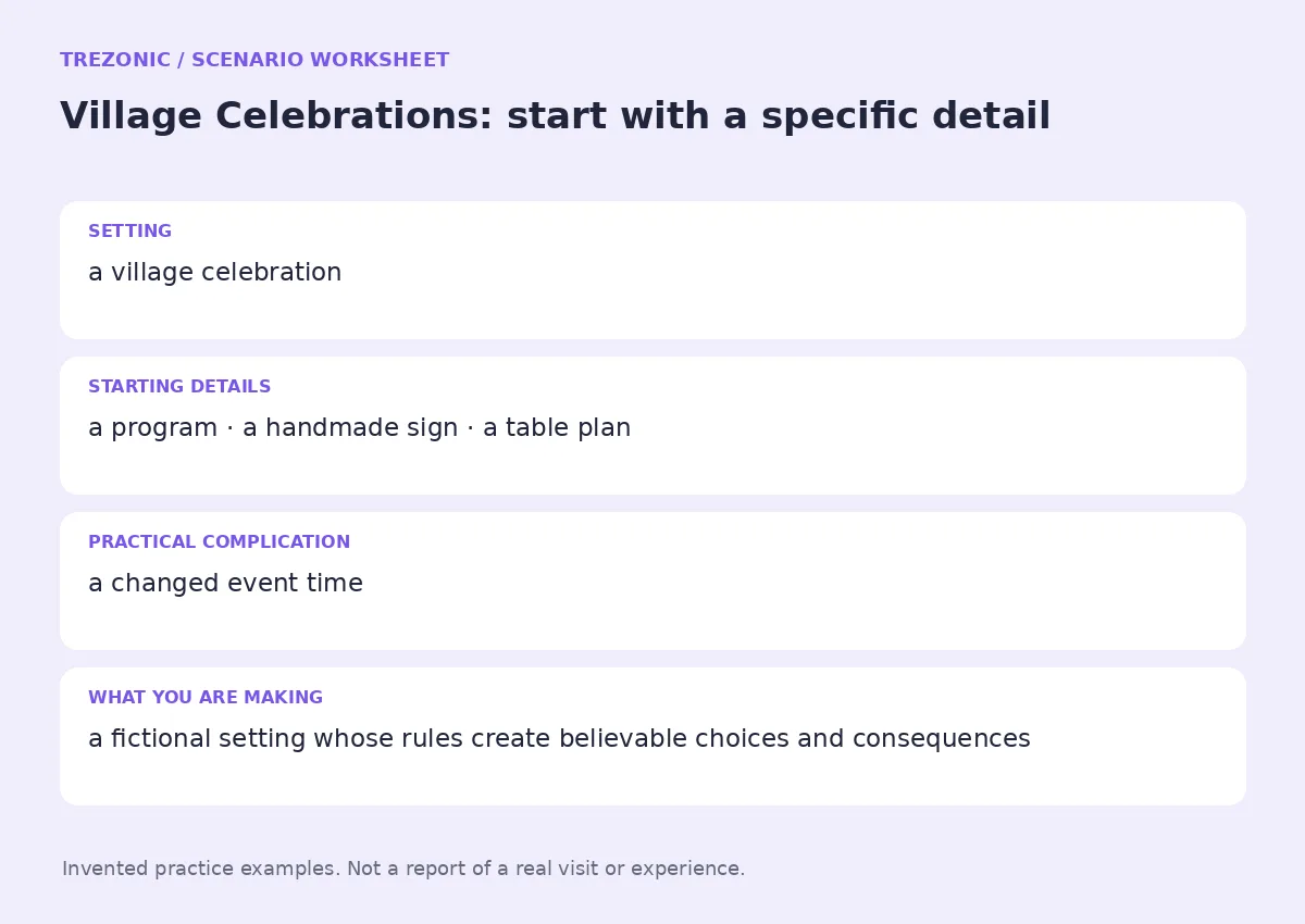 Practice worksheet for Village Celebrations: setting, starting details, complication and goal