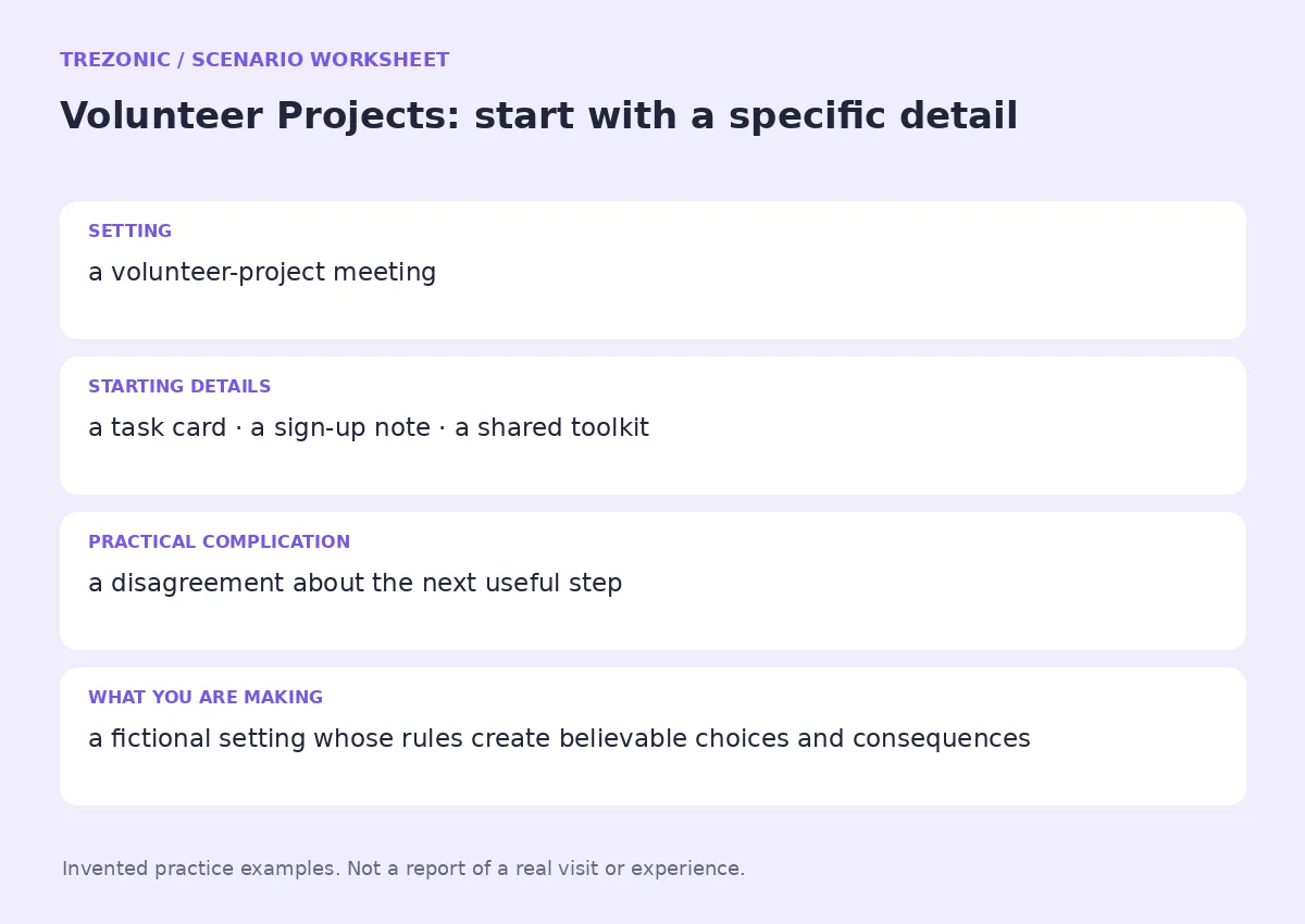 Practice worksheet for Volunteer Projects: setting, starting details, complication and goal