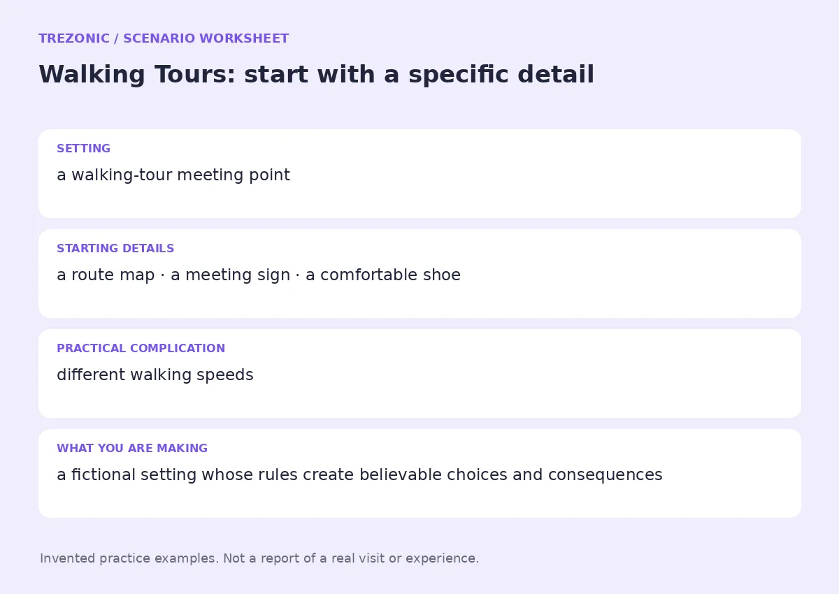 Practice worksheet for Walking Tours: setting, starting details, complication and goal