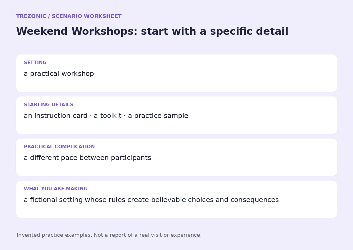 Practice worksheet for Weekend Workshops: setting, starting details, complication and goal