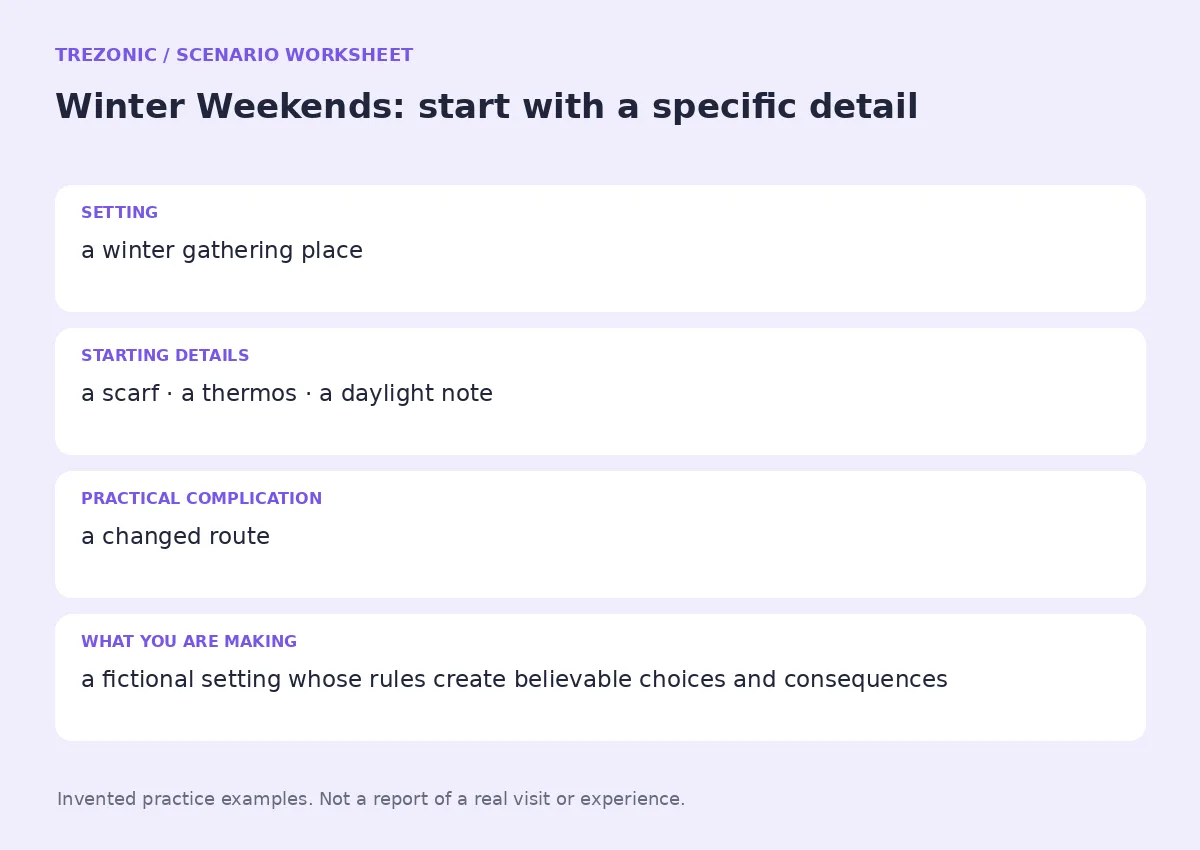 Practice worksheet for Winter Weekends: setting, starting details, complication and goal