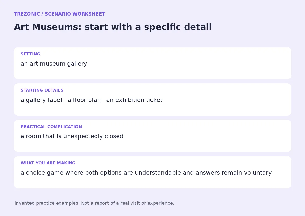 Practice worksheet for Art Museums: setting, starting details, complication and goal