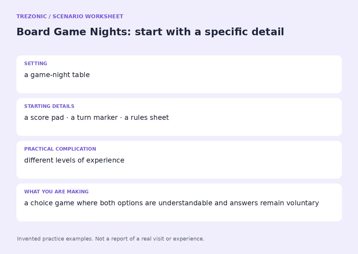 Practice worksheet for Board Game Nights: setting, starting details, complication and goal