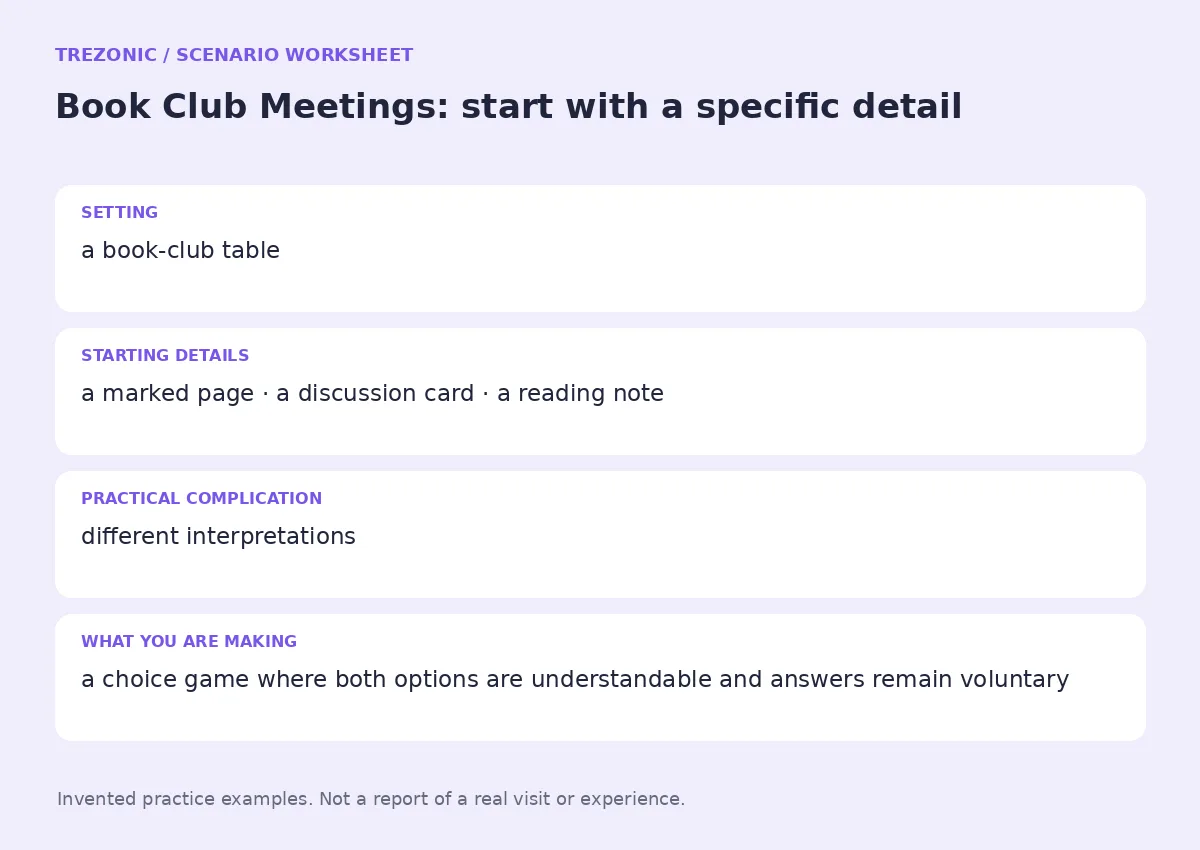 Practice worksheet for Book Club Meetings: setting, starting details, complication and goal