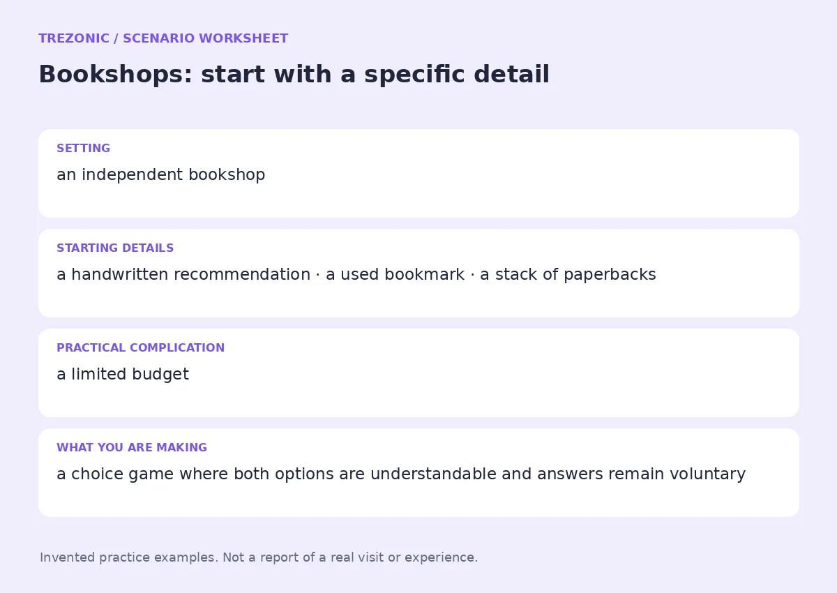 Practice worksheet for Bookshops: setting, starting details, complication and goal