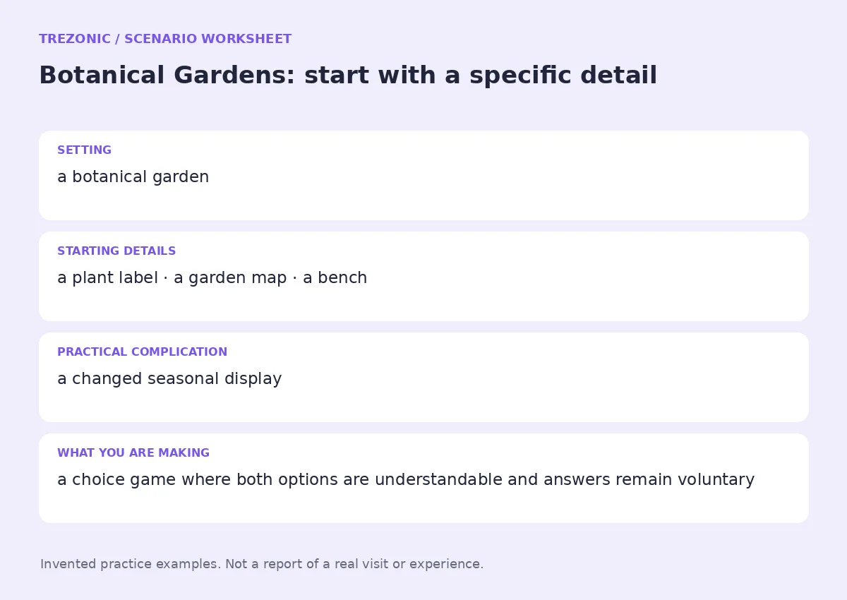 Practice worksheet for Botanical Gardens: setting, starting details, complication and goal