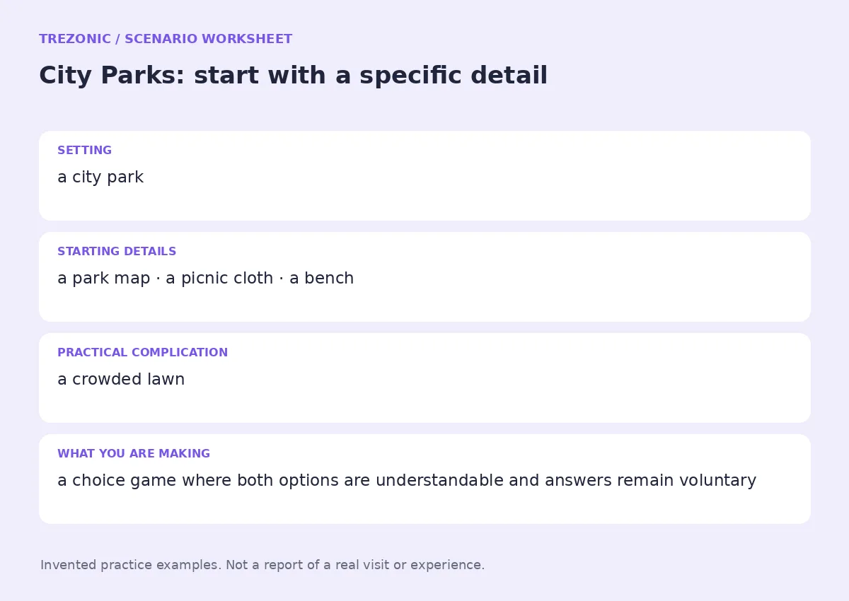 Practice worksheet for City Parks: setting, starting details, complication and goal