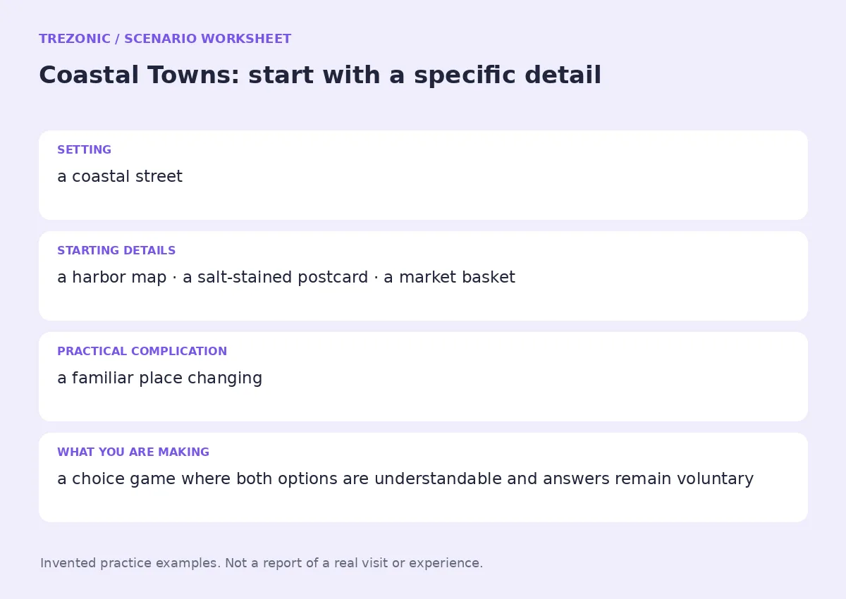 Practice worksheet for Coastal Towns: setting, starting details, complication and goal
