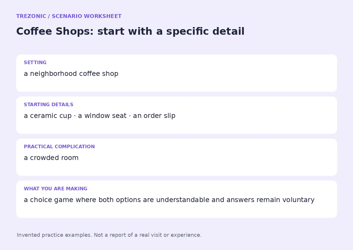 Practice worksheet for Coffee Shops: setting, starting details, complication and goal