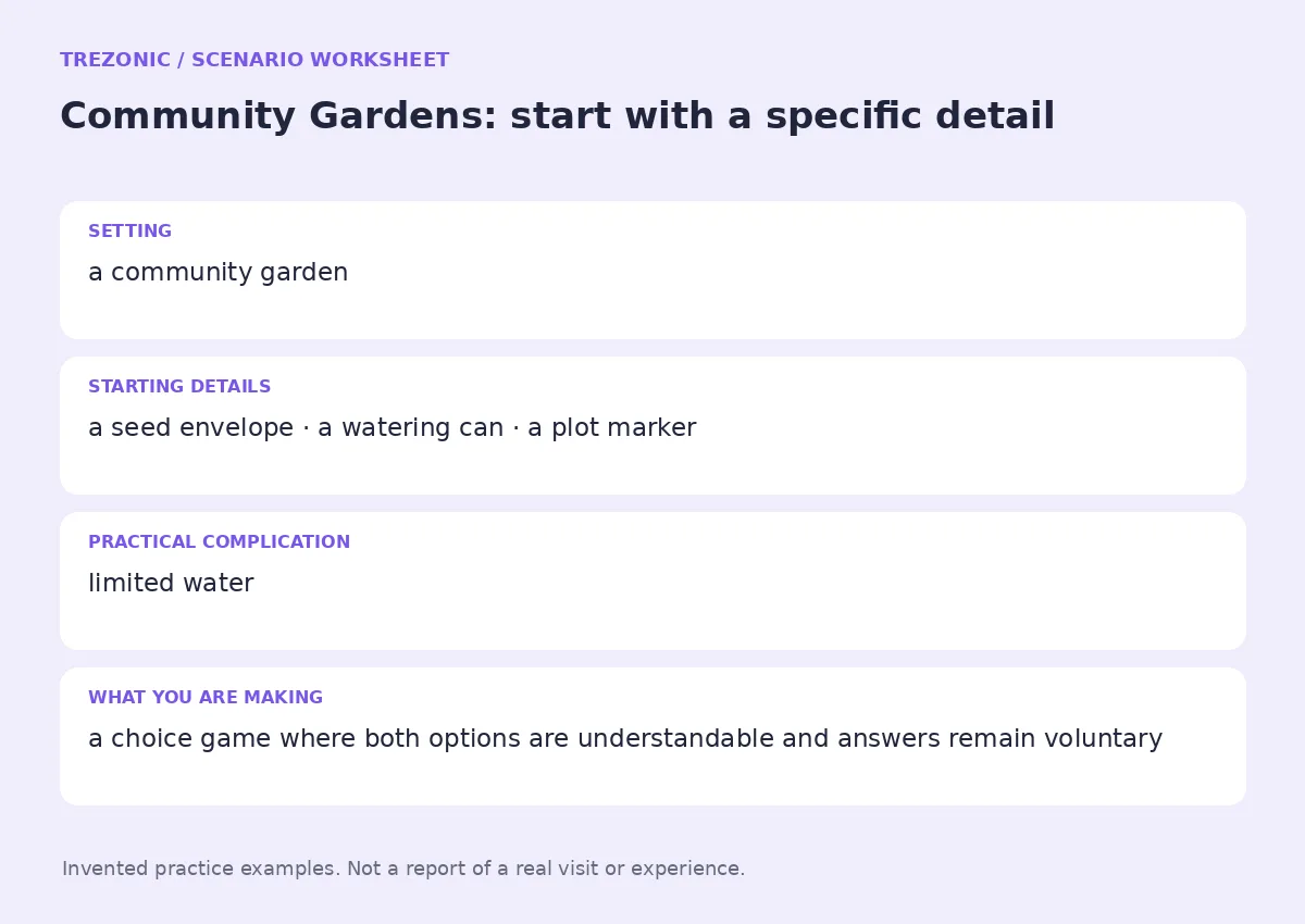 Practice worksheet for Community Gardens: setting, starting details, complication and goal