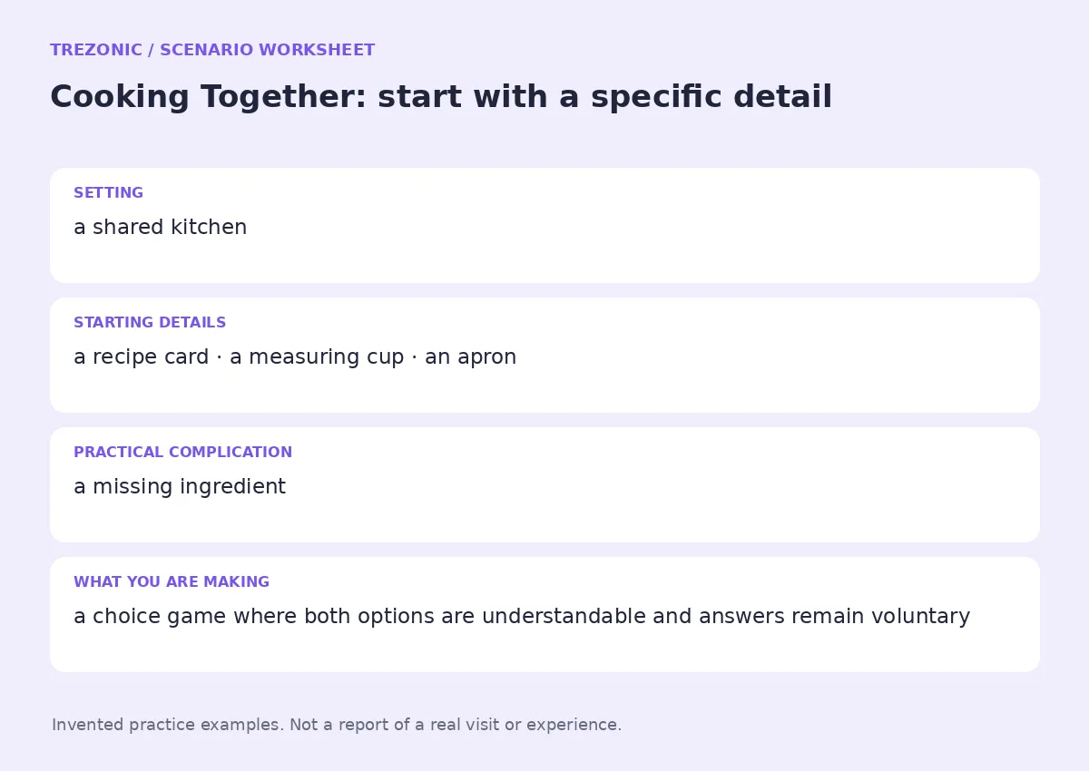 Practice worksheet for Cooking Together: setting, starting details, complication and goal
